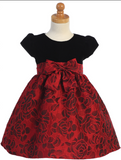 Lito Girls Black Velvet Red Jacquard Floral Short Sleeve Christmas Dress