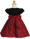 Lito Girls Black Velvet Red Jacquard Floral Short Sleeve Christmas Dress