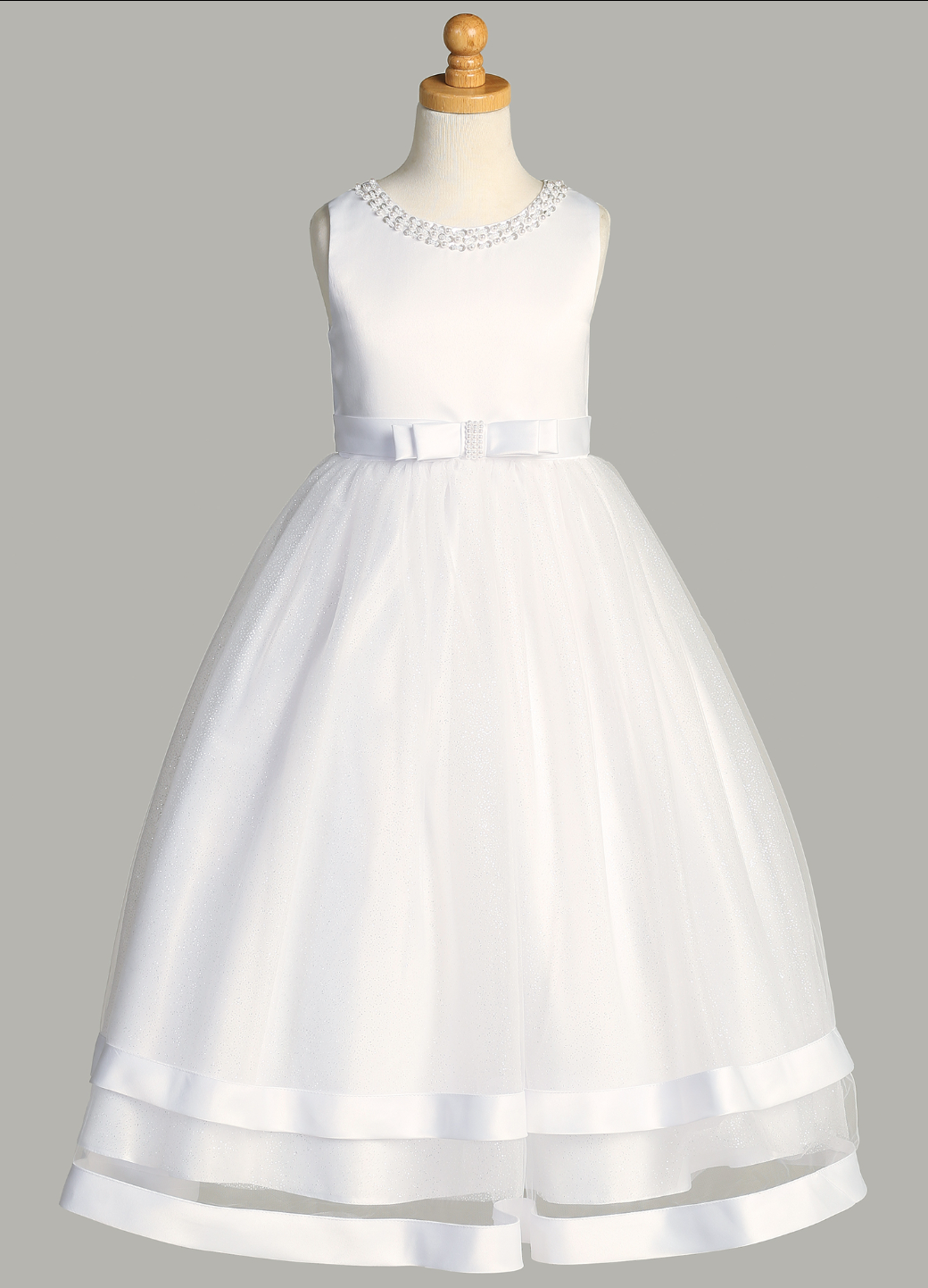 First Communion Dress Satin Bodice with Glitter Skirt Double Satin Band Trim  LNKSP717