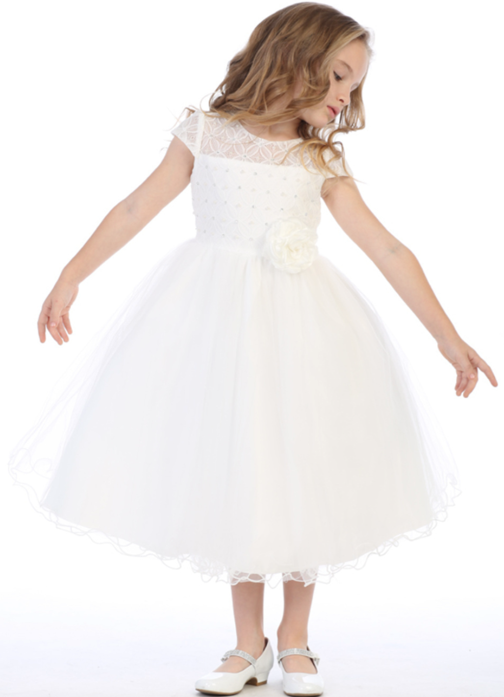 Big Girls White Cap Sleeved Antique Lace Mesh Communion Dress LNKBL306