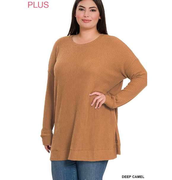 Long Sleeve  Thermal Waffle  Sweater