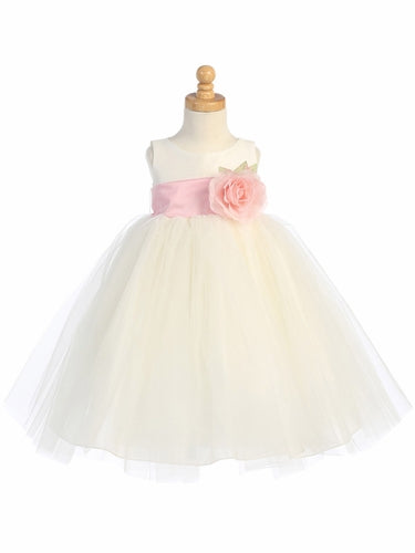 Blossom Ivory Poly Silk Bodice & Tulle Skirt Dress w/ Detachable Flower & Sash - Little N Kute Boutique