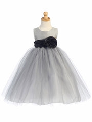 Blossom Silver Poly Silk Bodice & Tulle Skirt Dress w/ Detachable Flower & Sash - Little N Kute Boutique