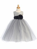 Blossom Silver Poly Silk Bodice & Tulle Skirt Dress w/ Detachable Flower & Sash - Little N Kute Boutique