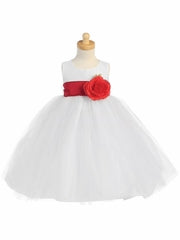 Blossom White Poly Silk Bodice & Tulle Skirt Dress w/ Detachable Flower & Sash - Little N Kute Boutique