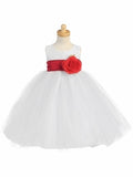 Blossom White Poly Silk Bodice & Tulle Skirt Dress w/ Detachable Flower & Sash - Little N Kute Boutique