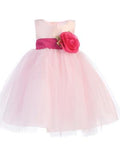 Blossom Pink Poly Silk Bodice & Tulle Skirt Dress w/ Detachable Flower & Sash - Little N Kute Boutique