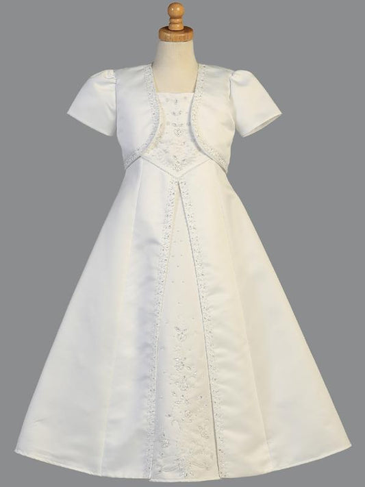 Girls  First Communion Dress w/ Bolero Satin Emimbroidered A- line - Little N Kute Boutique