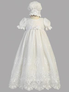 Baby Girls White Embroidered Tulle Gown Bonnet Baptism Set CG-001 - Little N Kute Boutique