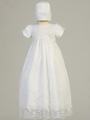Baby Girls White Embroidered Tulle Gown Bonnet Baptism Set CG-005 - Little N Kute Boutique