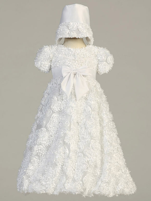 Baby Girls White  Ribbon Tulle  Dress bonnet Baptism set - Little N Kute Boutique